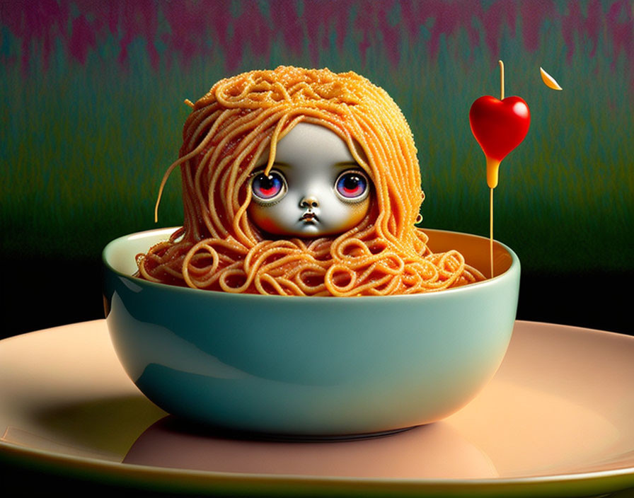 Stylized doll illustration with large eyes and spaghetti hair in bowl