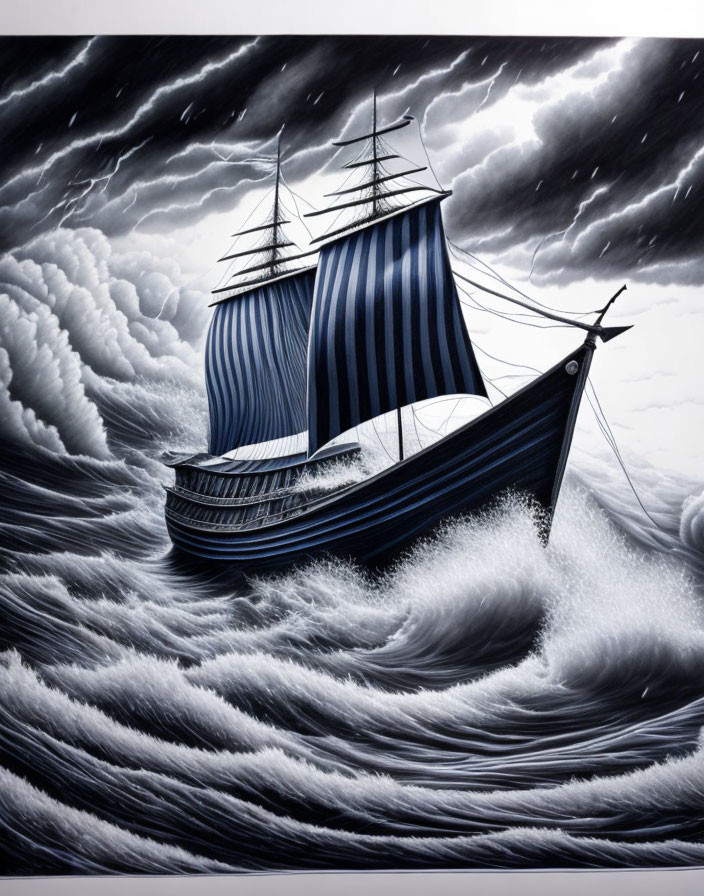 Monochromatic three-masted sailing ship in stormy sea