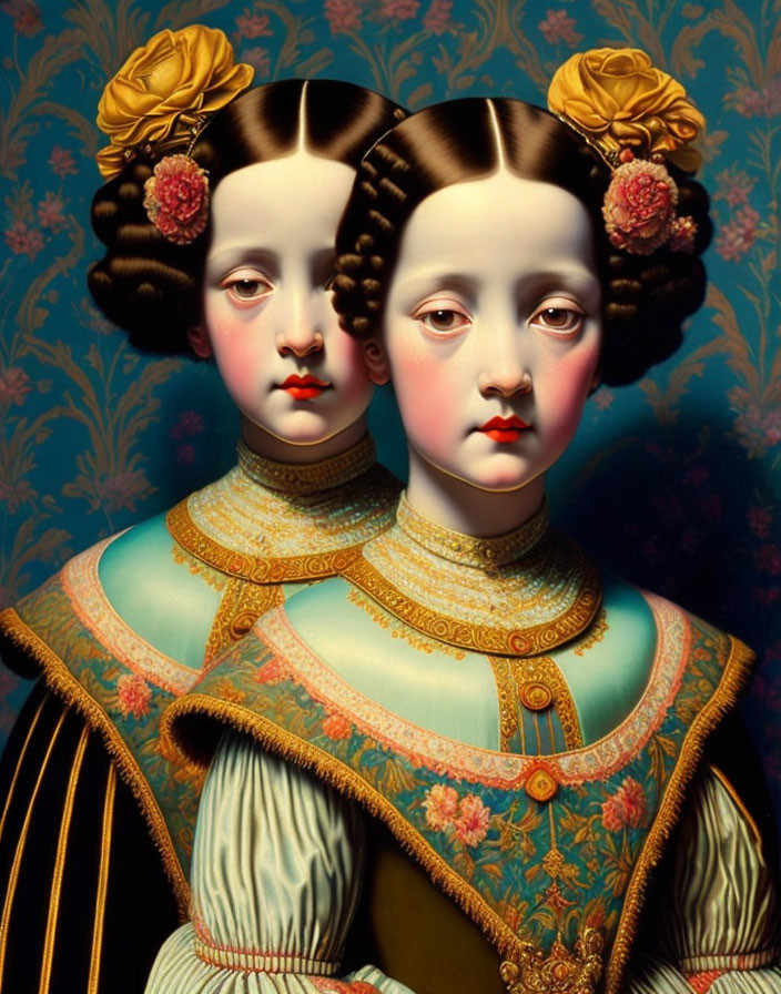 Detailed Portrayal of Conjoined Twins in Period Clothing