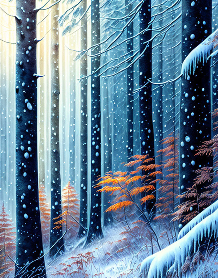 Snowy Forest with Tall Trees and Orange Ferns in Sunlight