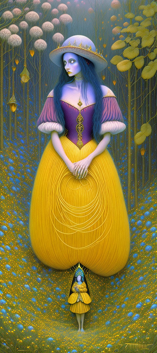 Blue-skinned female figure in yellow dress in fantastical forest with recursive image