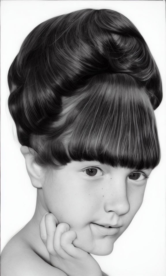 Monochrome photo of child with beehive hairstyle, touching face gently