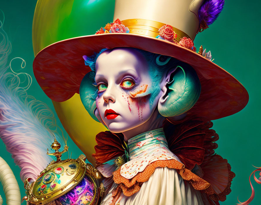 Vibrant digital art of character with blue skin and Victorian attire