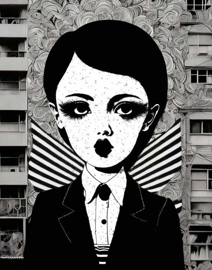 Monochrome drawing of a stylized female figure with large eyes and bob haircut