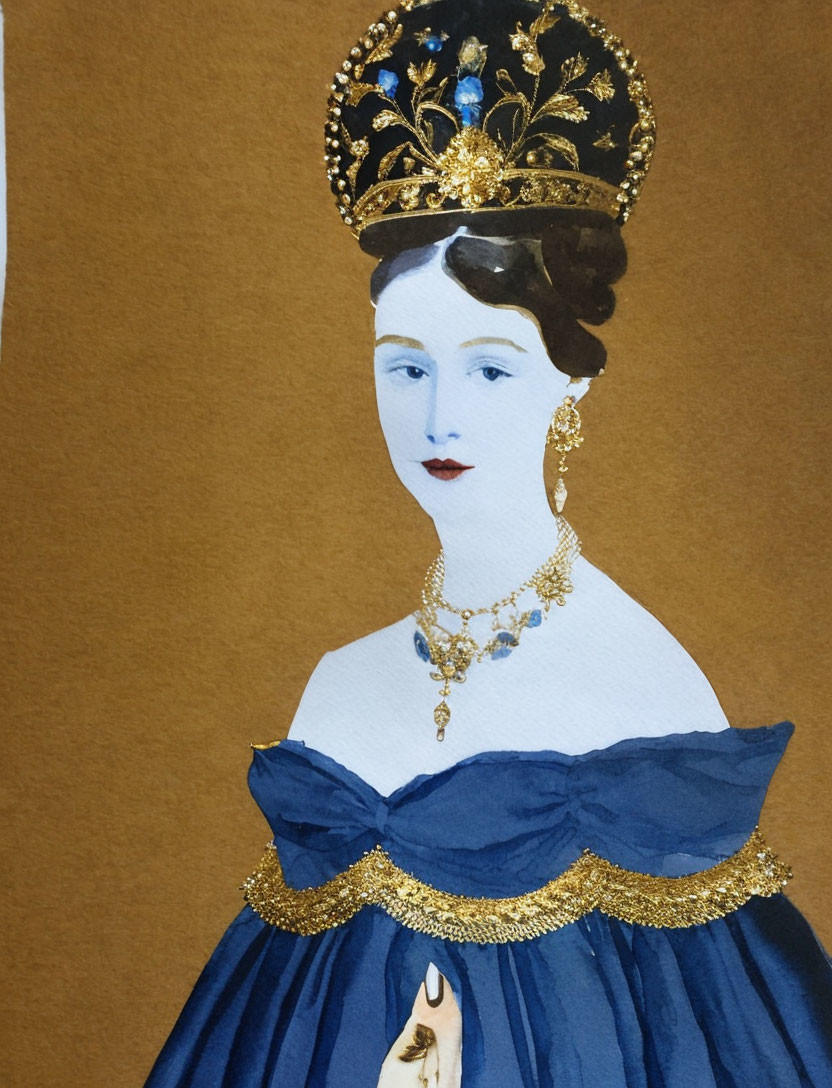 Woman in Golden Crown and Blue Dress on Brown Background