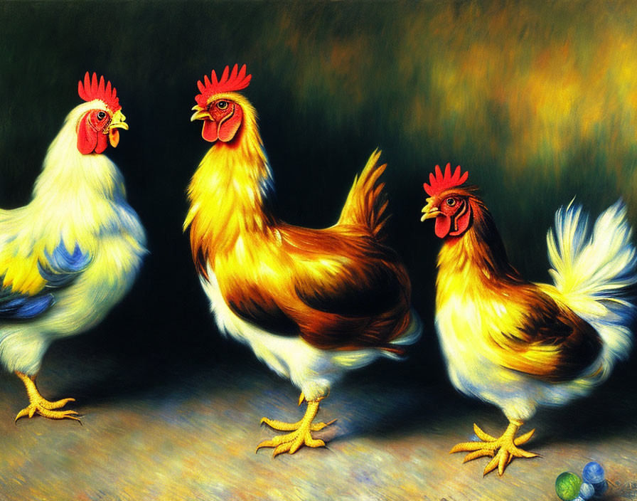 Vibrant Golden and White Chickens on Dark Background