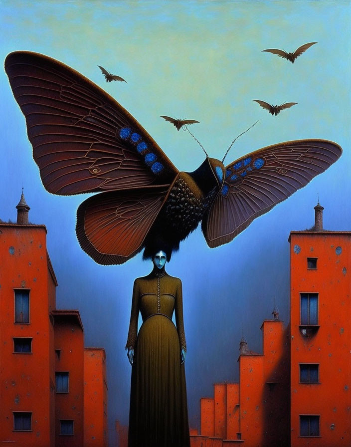 Surreal artwork: Woman with butterfly head and wings in cityscape with flying birds