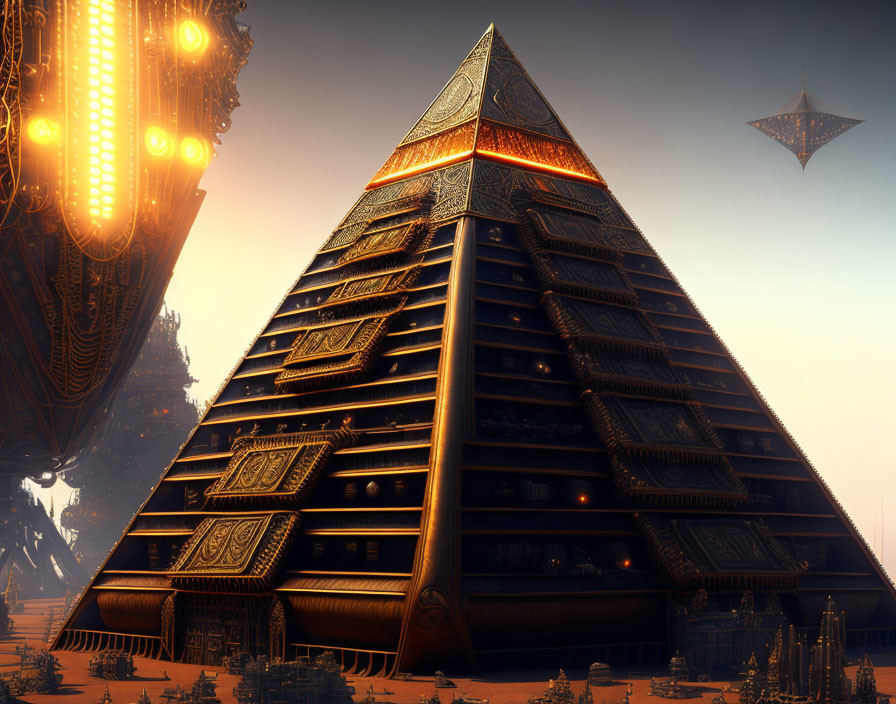 Futuristic illuminated pyramid with intricate patterns under orange sky