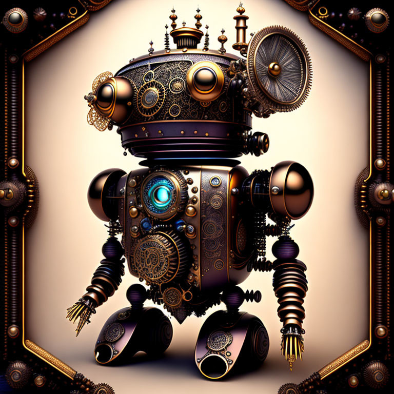 Steampunk robot with detailed gears and blue eye on dark background