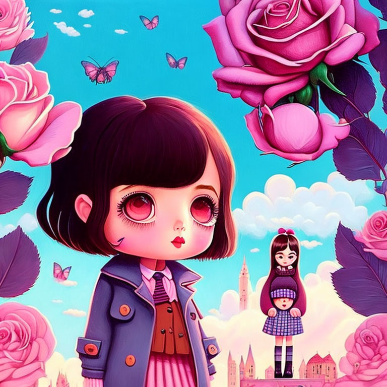 Stylized illustration of girl with large eyes in rose garden under pink sky