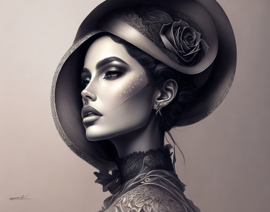 Monochromatic digital portrait of a woman with wide-brimmed hat and elegant makeup