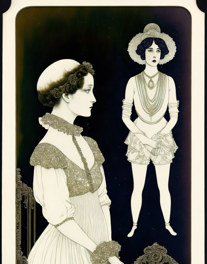 Vintage-style illustrations of women in late 19th-century and 1920s outfits on decorative background