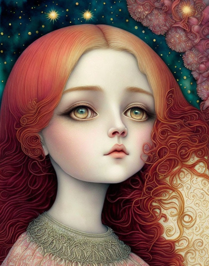 Digital illustration of girl with large eyes, red-orange hair, and floral background