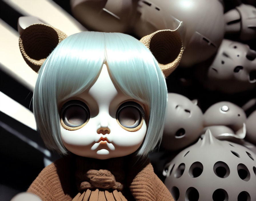 Blue-haired doll with bear ears and black eyes among plain doll heads.