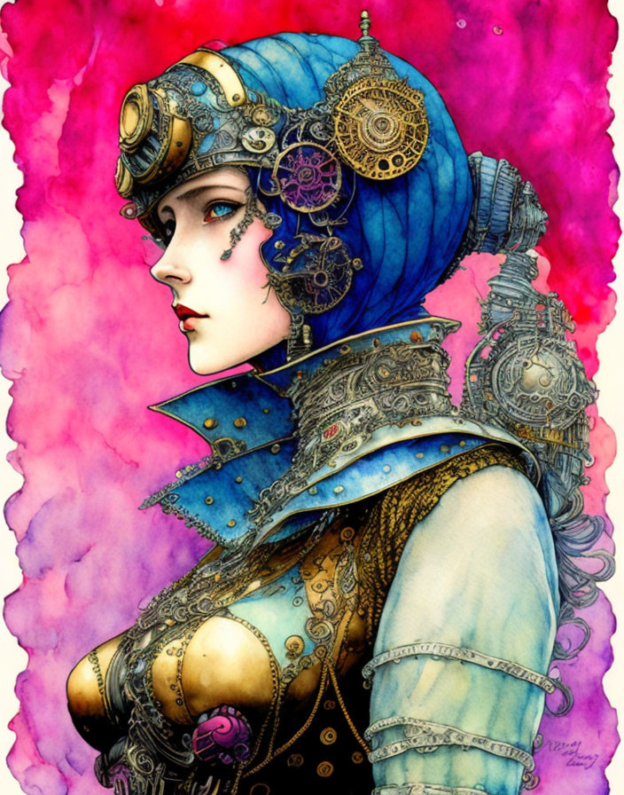 Steampunk-themed portrait of a woman in blue and gold attire with gear-adorned hat and