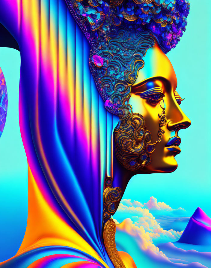 Colorful digital artwork: Female profile with intricate headdress & surreal landscape