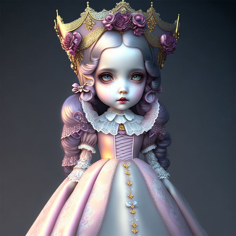 Doll-like character with royal crown and ornate dress