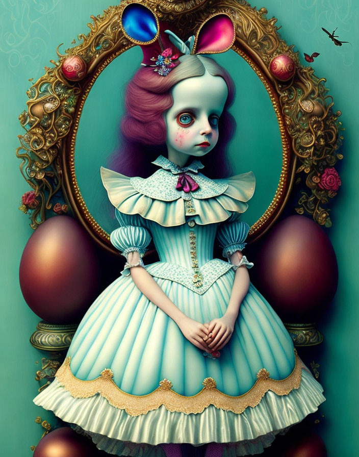 Surreal portrait of doll-like girl with bunny ears in Victorian dress framed by golden mirror on teal