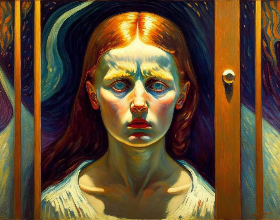 Vivid Painting: Sorrowful Young Girl with Red Hair and Blue Stripes