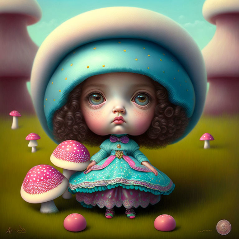 Colorful Artwork: Big-eyed girl in mushroom cap and teal dress among fantasy mushrooms