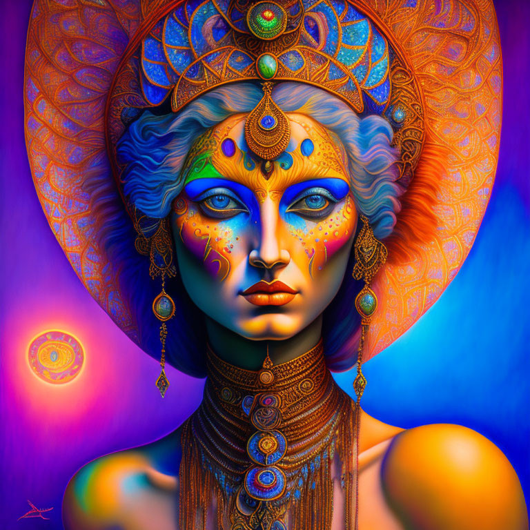 Colorful digital artwork: Female figure with blue skin and ornate jewelry on purple and blue background