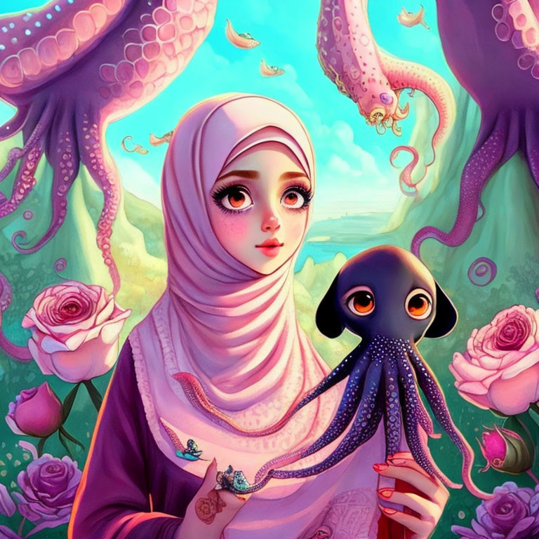 Girl in hijab holding small octopus in fantasy scene