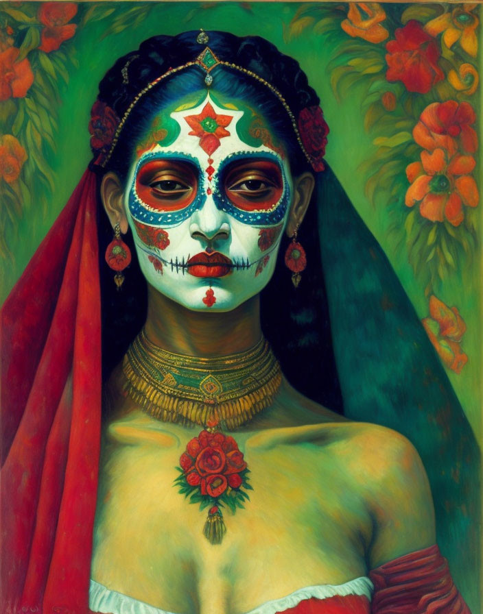 Portrait of a person with skull-like face paint, red veil, traditional jewelry, and floral background