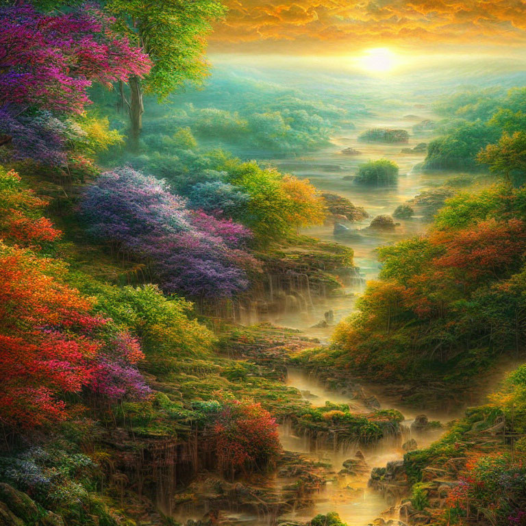 Multicolored trees, river, waterfalls, and glowing sunrise in ethereal landscape