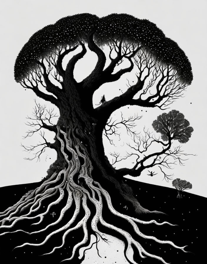 Detailed monochrome tree illustration with intricate roots on a hill.