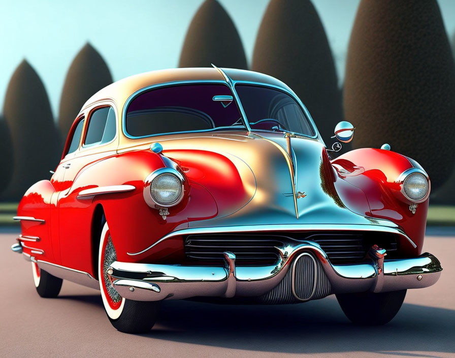 Vintage Red Car with Chrome Details Parked by Stylized Trees