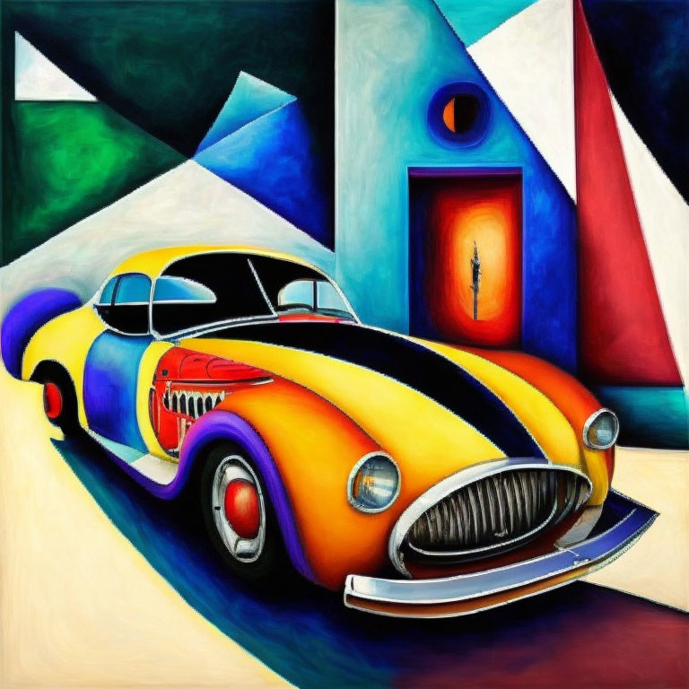 Vibrant abstract painting of stylized car on geometric backdrop