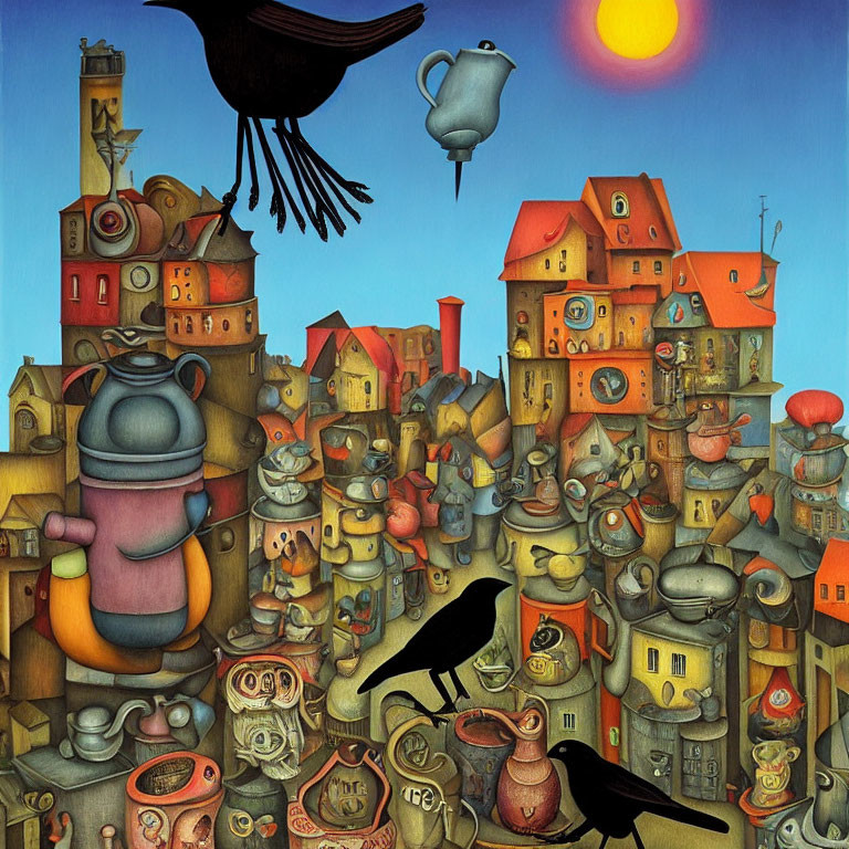 Surreal cityscape with teapot-like buildings, large birds, and whimsical sunset.