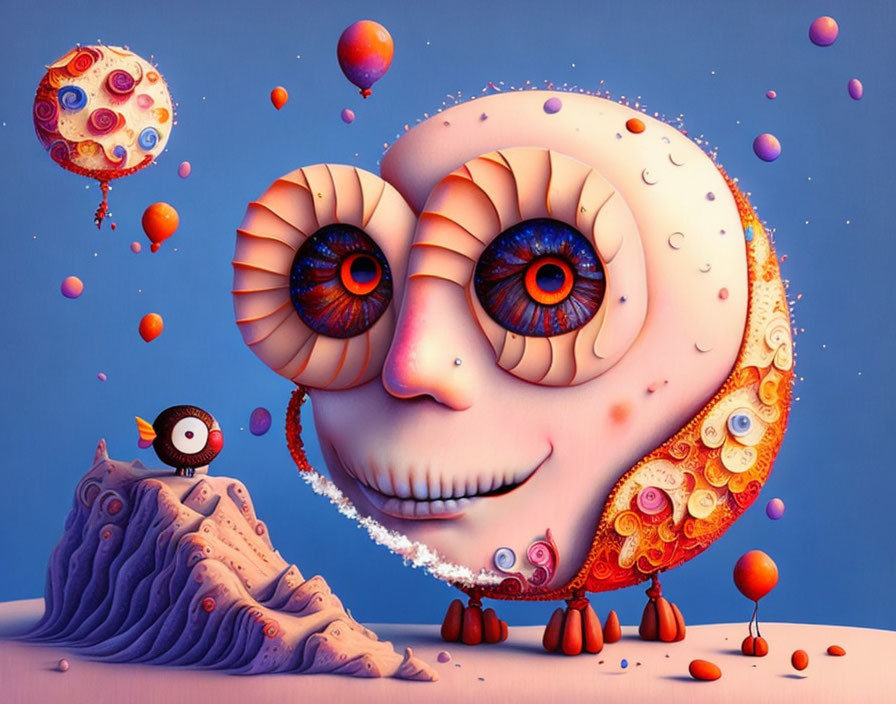 Surreal smiling crescent moon artwork with character and colorful spheres