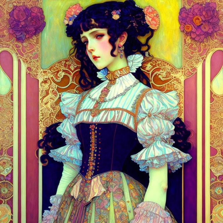 Detailed Art Nouveau Illustration of Young Woman in Vintage Dress