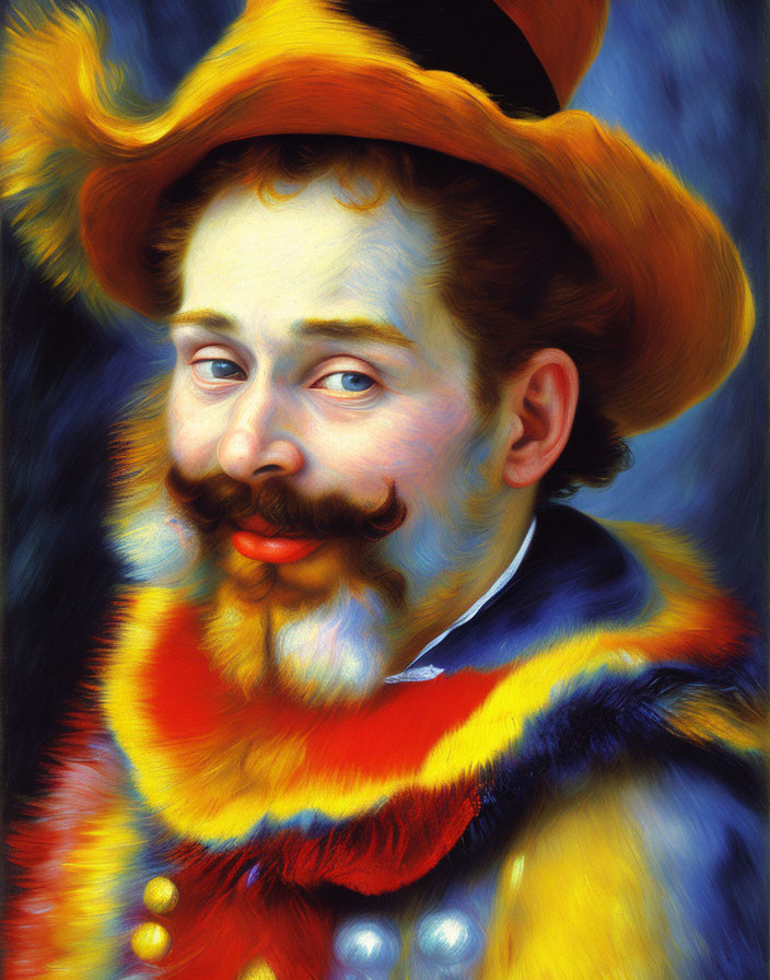 Vibrant portrait of smiling man with large mustache in yellow hat