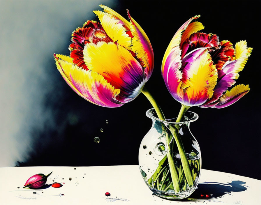 Colorful Tulips in Glass Vase on Monochrome Background with Droplets and Petal