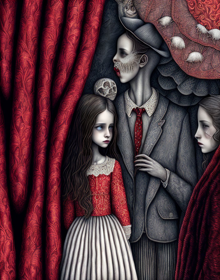 Stylized gothic illustration of three figures and red curtain