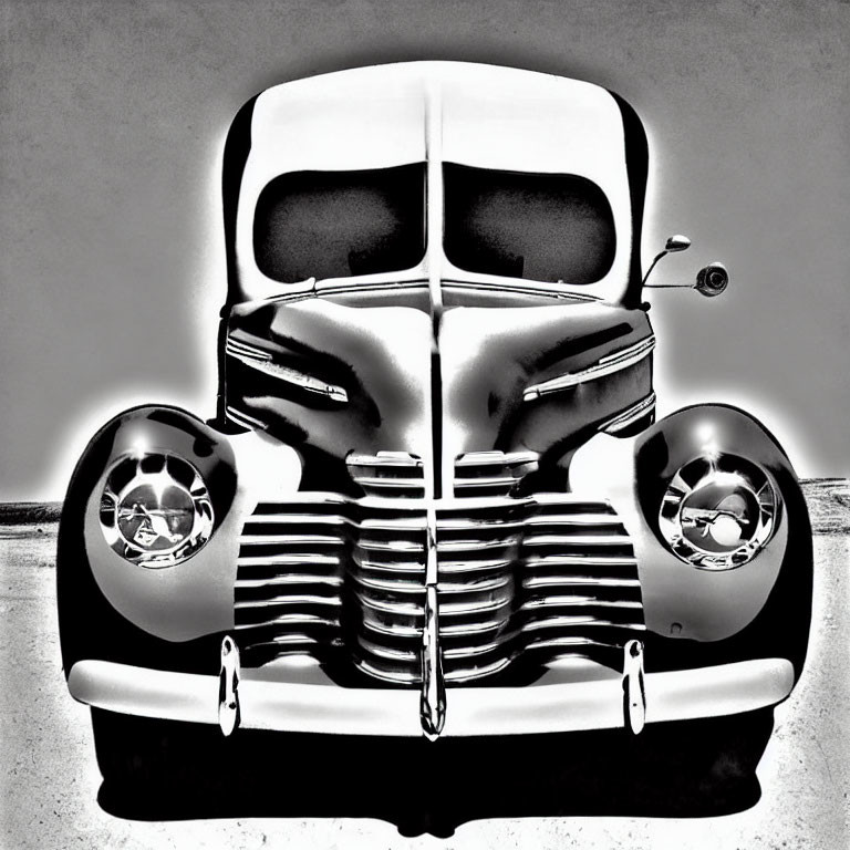 Classic Vintage Car with Distinctive Grille in High-Contrast Black and White