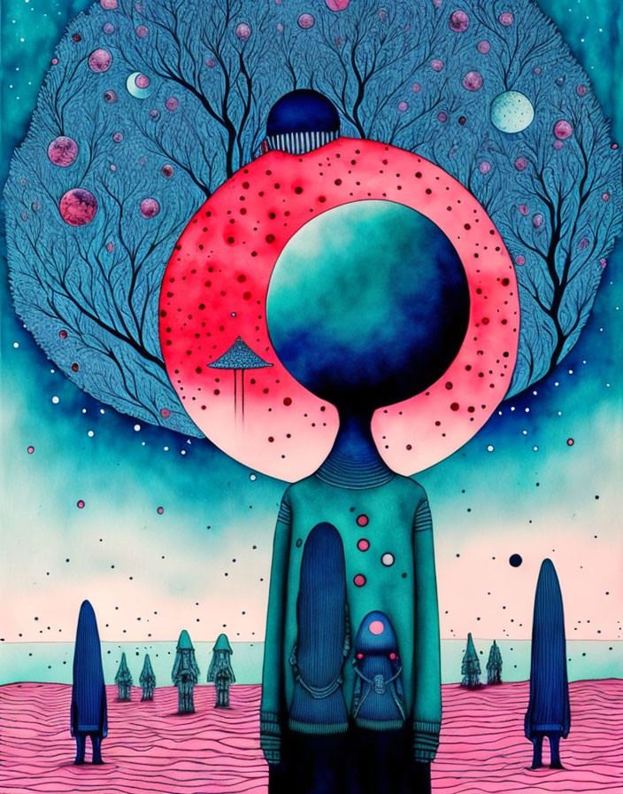 Surreal cosmic figure in pink landscape with slender trees