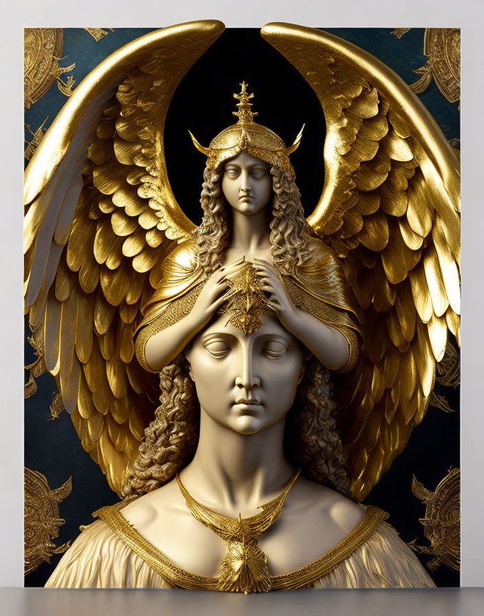 Golden winged angel statue with intricate headgear holding smaller head.