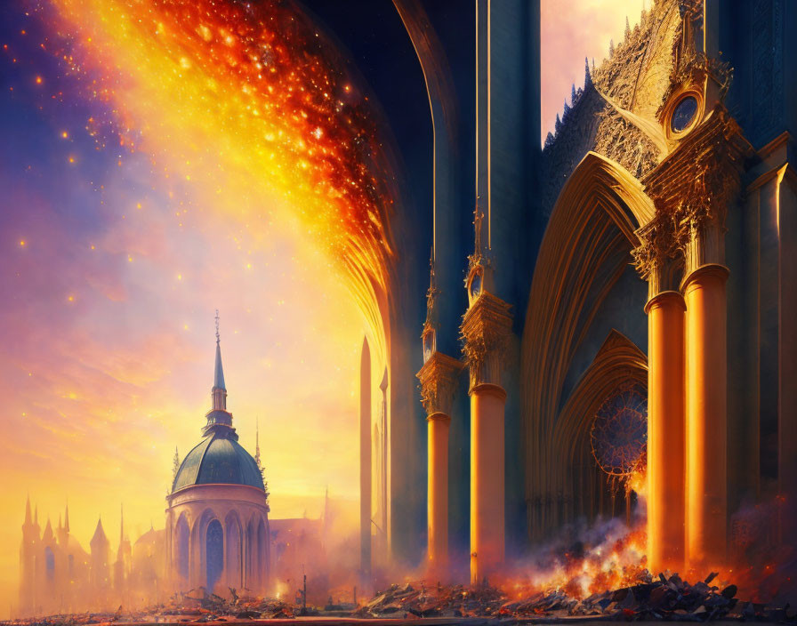 Burning cathedral with cosmic fire trail and tall pillars