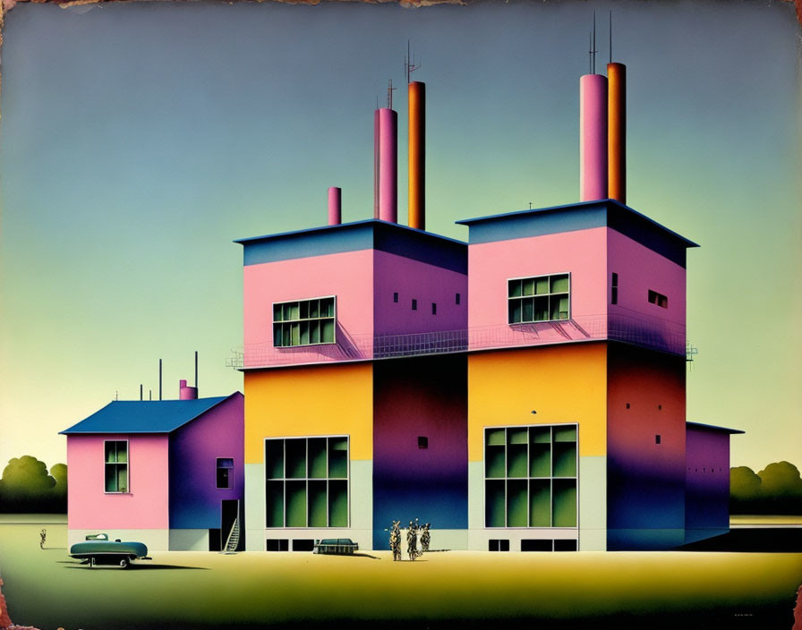 Vibrant surrealistic painting of industrial building, vintage car, and pastel sky