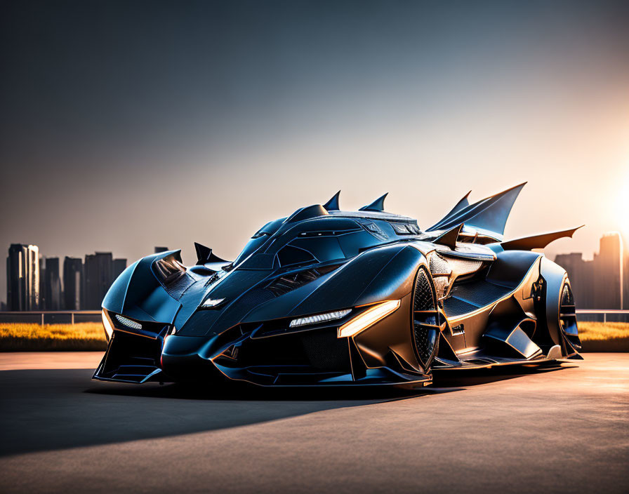 Futuristic Blue Sports Car with City Skyline and Sunset