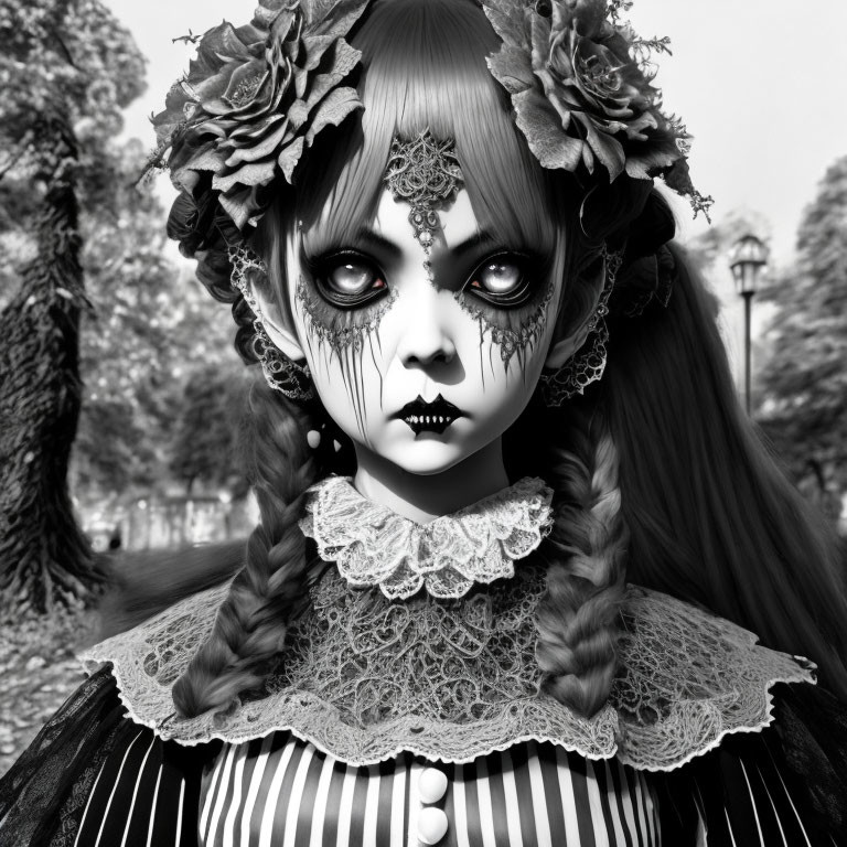 Monochrome image of person with braided hair, gothic makeup, lace, flowers, and doll