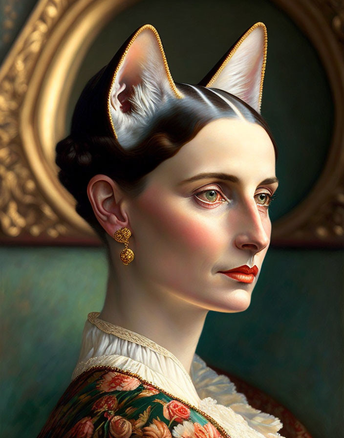 Surreal portrait of woman with cat-like ears in Victorian attire