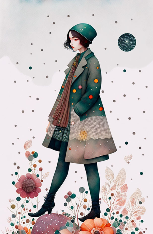 Stylish young woman in patterned coat and beret surrounded by whimsical flowers and orbs.