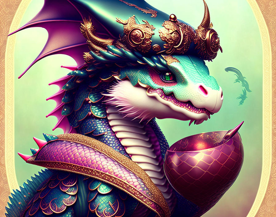 Majestic dragon illustration with gold-trimmed crown and mystical orb