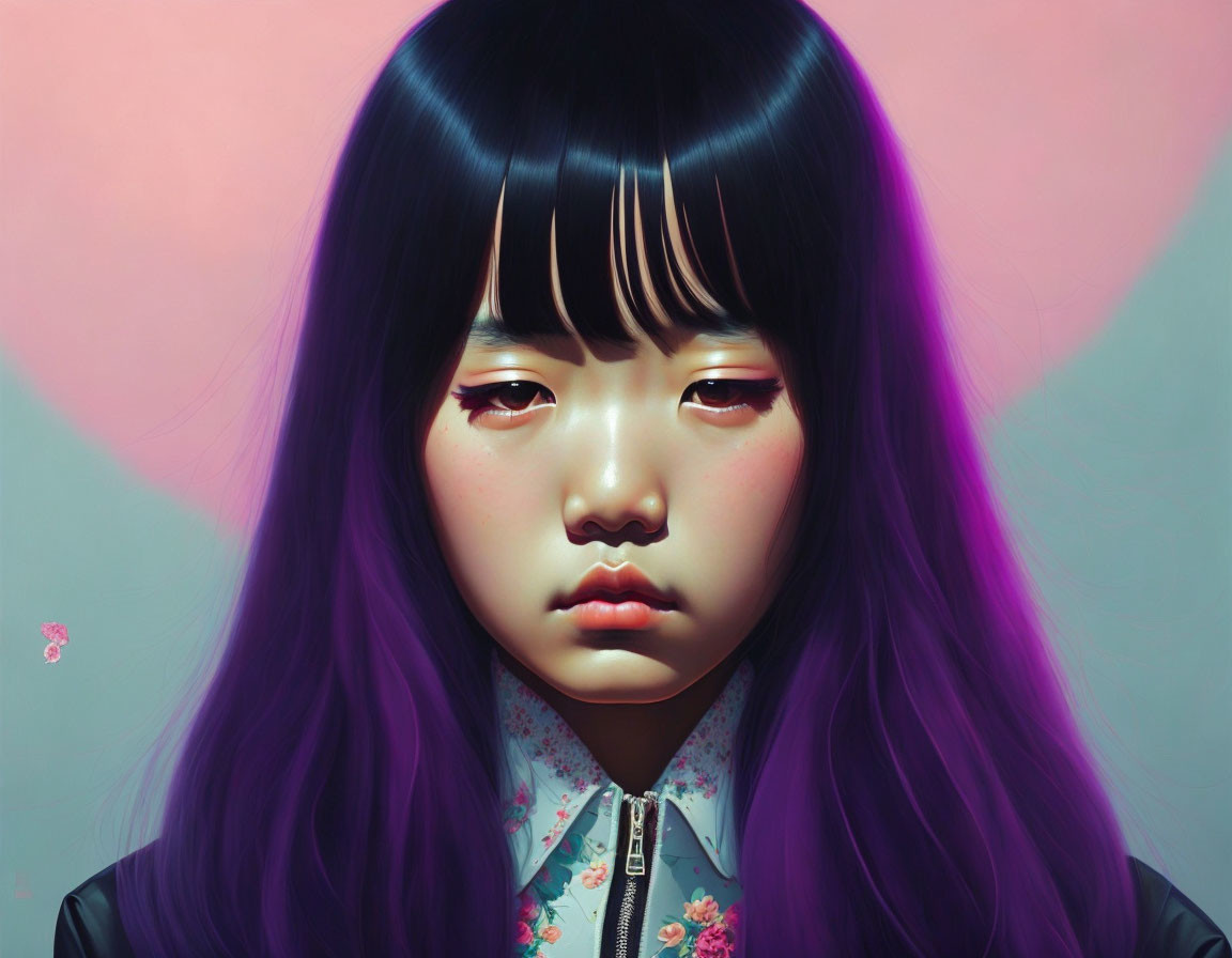 Digital painting of young girl with purple-tinged hair on soft pink heart background