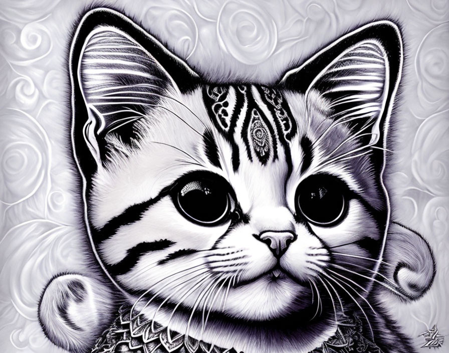 Stylized kitten illustration with expressive eyes and intricate patterns