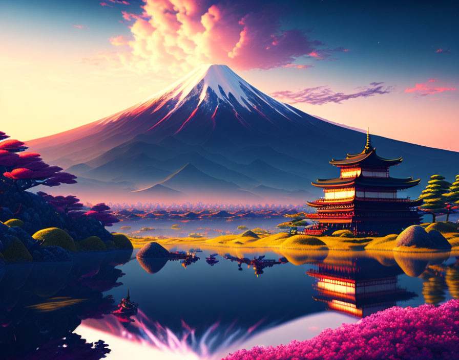 Tranquil Sunset Scene: Mount Fuji, Pagoda, Pink Blossoms, Calm Lake